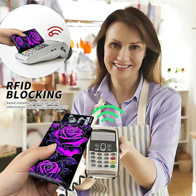 Minimalist Wallet for Men's Card Holders, Pop-Up Card Case Durable Wallets for Women, Leather Automatic Credit Card Holder with Metal Money Clip RFID Blocking Bifold Pocket, Purple Rose 01