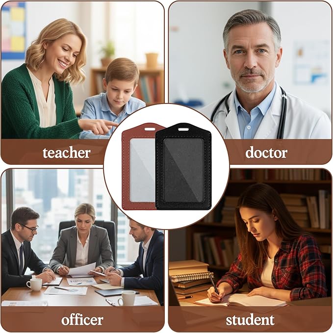4 Pcs Leather ID Badge Holders, Waterproof Single-Side Clear Card Holders, Vertical Leather Name Badge Holder for Office Staff Students Employees (Black, Brown)
