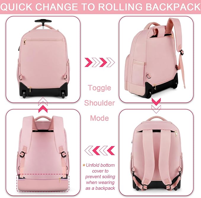 Arcoyard Rolling Backpack Carry On Luggage For Adults With Wheels, 40L Wheeled Backpack For Women, Travel Roller Backpack, Rolling Bag, Pink