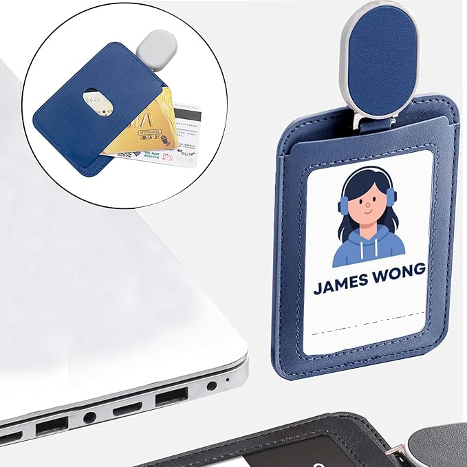 Larpur Retractable Badge Holder with Badge Reel, PU Leather Work ID Card Holder Case for School Office, Blue Key Card Credit Card Holders with Lanyard