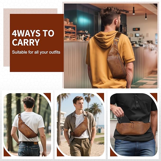 Faux Leather Belt Bag for Men, Crossbody Sling Bag with Adjustable Strap, Back Zipper Pocket, Large Capacity Waist Pack for Travel, Work, Textured Brown