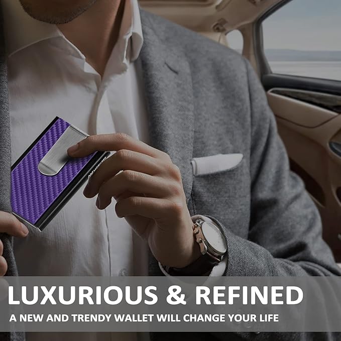 MOSIYEEF Slim Leather Card Holder RFID Wallet for Men - Minimalist Pop Up Men Wallet with Money Clip-wrapped Compact Carbon Fiber Wallet for 6 Credit Cards - Gifts for Him, Lilac Purple