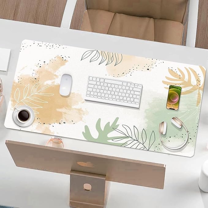 Large Desk Mat, Dual Side PU Leather Waterproof Mousepad Desk Pad, Desk Protector Writing Pads Desk Accessories for Office and Home (E-Watercolor Plants, 24''X14'')