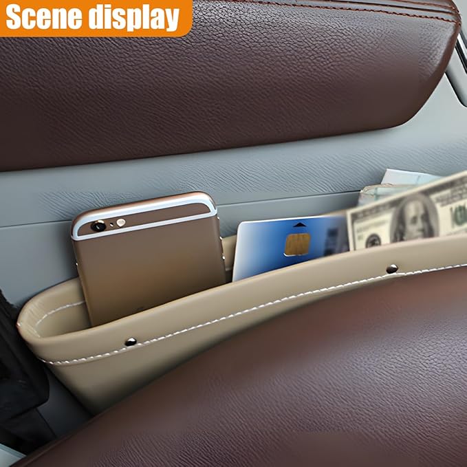 Car Seat Gap Filler Organizer, L-Capacity Leather Automotive Interior Storage Box, Universal Vehicle Side Seat Gap Filler Accessories for Keys, Phones, Glasses (Beige)