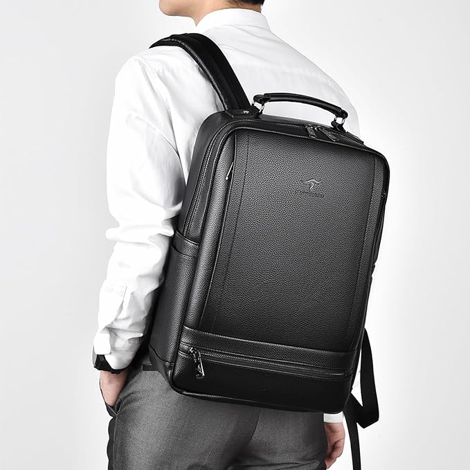 CHAO RAN Leather Laptop Backpack for Men Fit 15.6 Inch Laptop, Business Work Office College Medium Backpack with USB Charging Port, Waterproof Black Travel Bag (Black19)