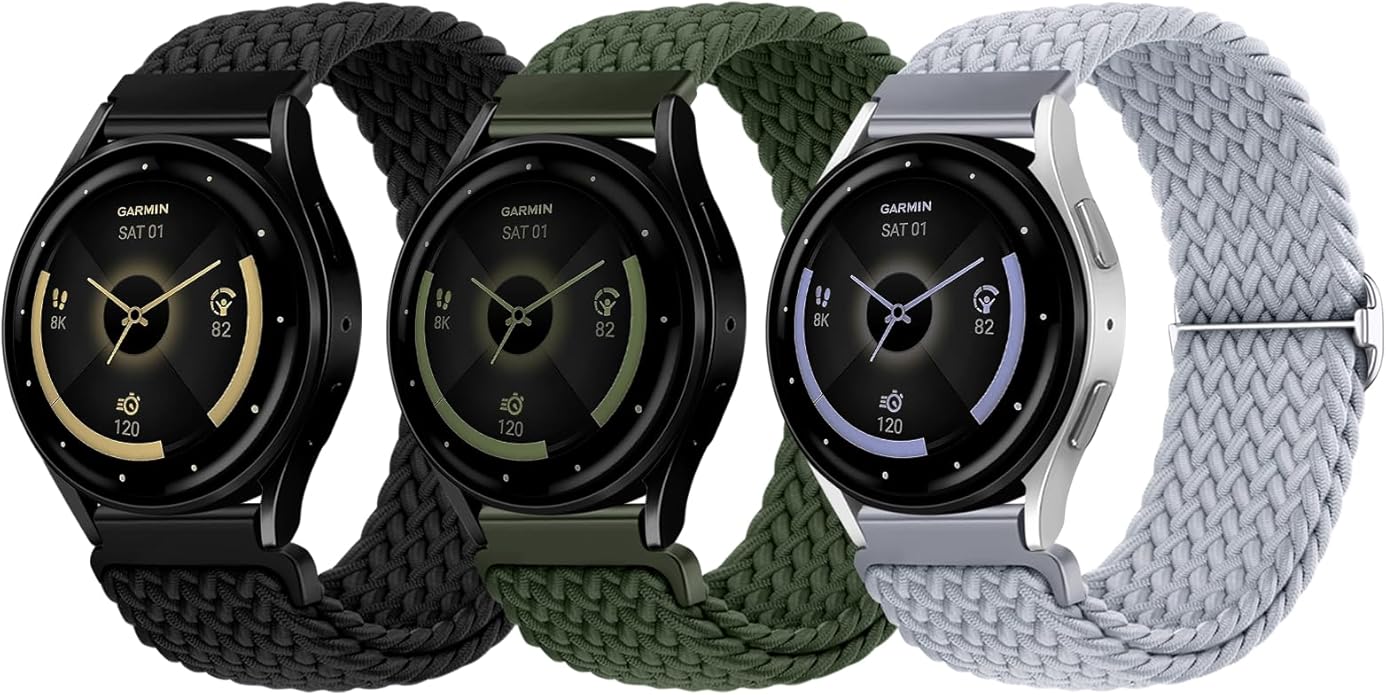 SNBLK 3 Pack 18mm 20mm 22mm Braided Watch Band Compatible with Garmin Vivoactive 5 Watch Bands/Vivoactive 6/3/4s, Quick Release Adjustable Elastic Nylon Loop Strap for Venu 3S/2S/Venu 3/2 Women Men