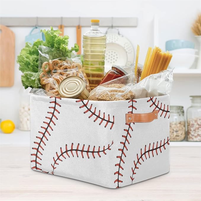 AUUXVA Baseball Stitches Laces Softball Storage Basket - Large Fabric Bin With Handles for Toys, Collapsible Closet Shelf Cloth Organizer for Nursery Bedroom, 2 PCS