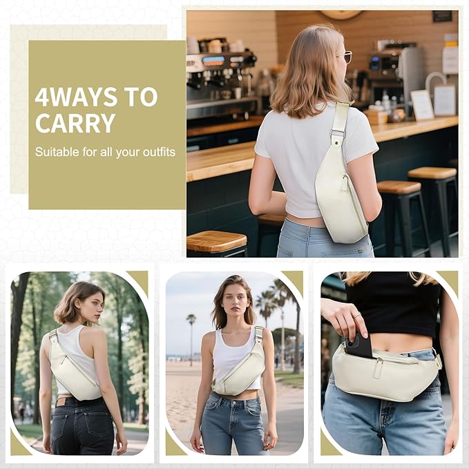 Faux Leather Belt Bag for Women, Crossbody Fanny Pack with Adjustable Strap, Back Zipper Pocket, Large Capacity Waist Pack for Travel, Concerts, Beige