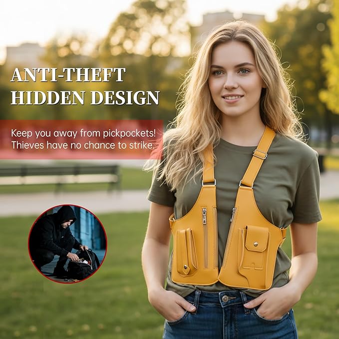 Double Shoulder Armpit Bag for Men, Anti-Theft Underarm Shoulder Holster Bag with Adjustable Strap, Hidden Phone Wallet Pocket for Travel & Daily Commute (Yellow)