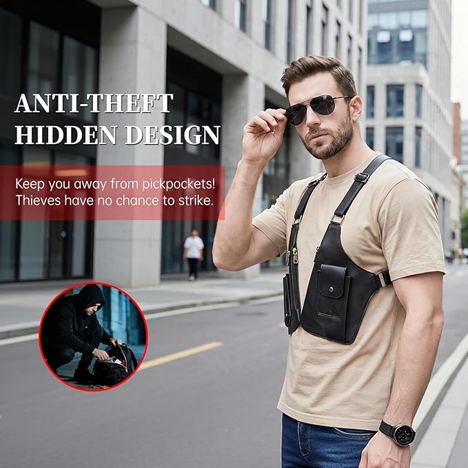 Double Shoulder Armpit Bag for Men, Anti-Theft Underarm Shoulder Holster Bag with Adjustable Strap, Hidden Phone Wallet Pocket for Travel & Daily Commute (Black)