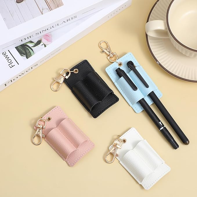 LLOUSSAK 4 Pcs Double Hole Pen Holder for Lanyard, Portable Pen Holder Clip Anti-Lost Keychain Clip Lanyard Pens Holders for Nurse Office (White, Black, Pink, Blue)