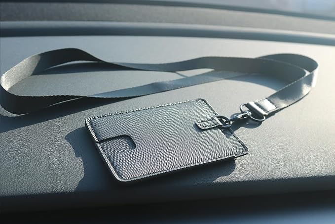 Leather ID Badge Holder,Slim Minimalist Elastic Credit Card Holder, Vertical Credit Card Holder for Men & Women with Neck Lanyard (Black-E)