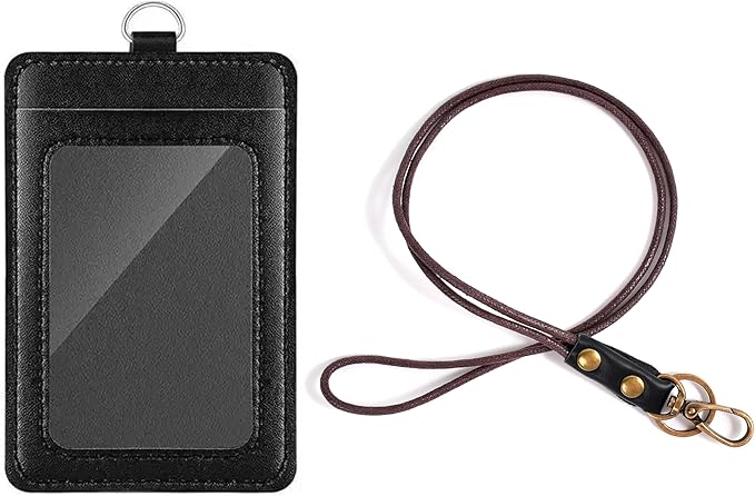 Leather ID Badge Holder with Lanyard for Women and Men, Vertical ID Card Holder, 2 Card Slots, 18 Inch Neck Lanyard for Work, School, Office