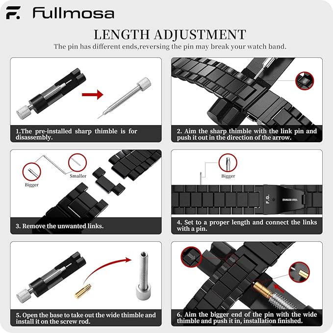 Fullmosa 22mm Stainless Steel Watch Band, Quick Release Metal Replacement Strap with Removable Links, Includes Spring Bars & Link Removal Tool for Men Women (Black)