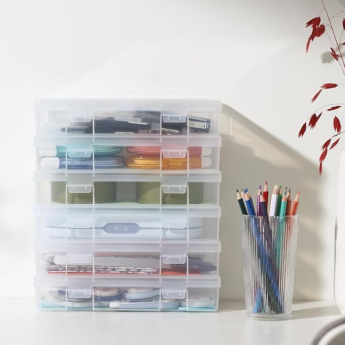 novelinks Plastic Small Storage Bins with Lids for Organizing, Mini Clear Storage Containers and Stackable Storage Box Organizer for Pencil Boxes, Task Boxes, Crayon Boxes (9 Pack Medium)