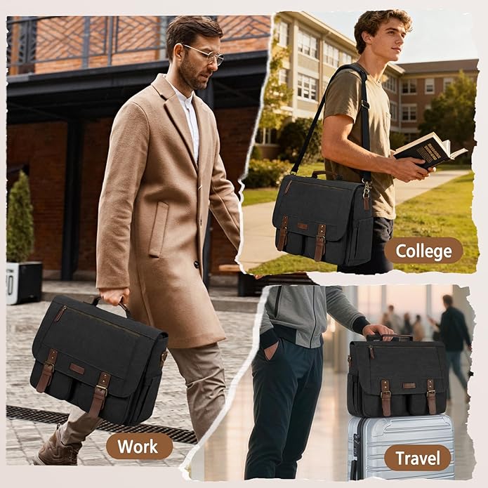 RAINSMORE Messenger Bag for Men, 15.6-17.3 inch Laptop Bag, Canvas Briefcase with Luggage Strap, Satchel for College Work
