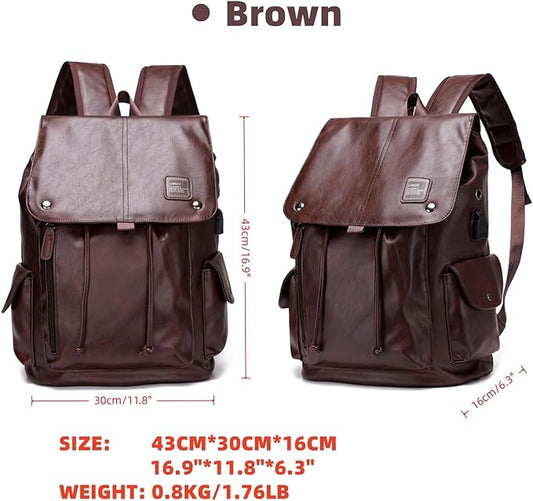 Soft leather backpack, casual PU backpack men women. USB charging port. Suitable for work, commuting, traveling, etc. Waterproof. (Brown)