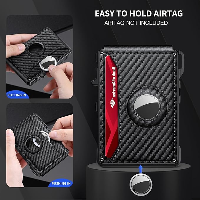 Airtag Wallet for Men, Mens Smart Wallet for Air Tag RFID Blocking, Minimalist Bifold Pop Up Aluminum Credit Card Case Holder 12+ Cards with ID Window, Gift for Men, No Airtag Included, Carbon Blue