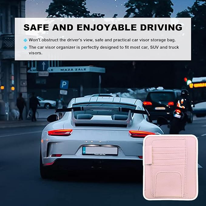 Dickno 2PCS Small Leather Car Sun Visor Organizer, Multifunctional Auto Visor Document Holder with Sunglasses Clip, Universal Car Interior Organizer for Drving License, Card, Pen (Pink)