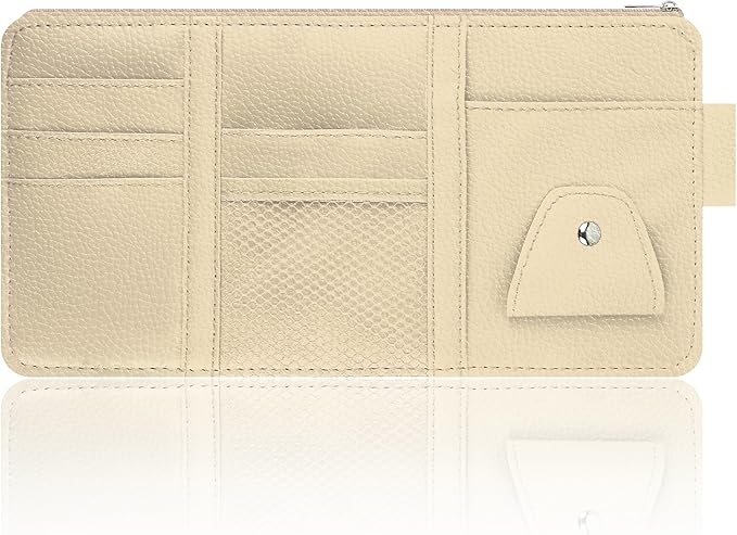 Car Visor Organizer with Sunglass Holder,Multi-Functional Car Sun Visor Organizer with Zipper for Cards,Money,Tickets,Leather Interior Accessories (Beige)