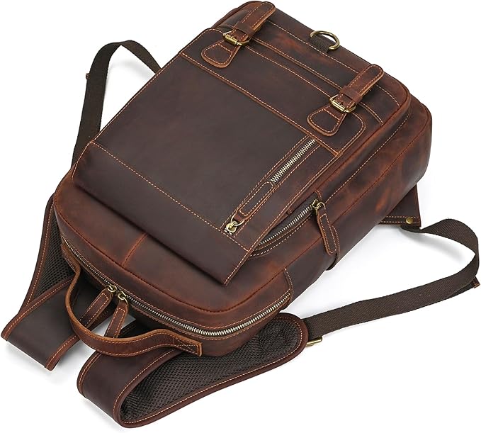 Vintage Full Grain Leather Backpack for Men, 16" Laptop Rucksack For Men Hiking Trave Work Business Bag, 1829 Brown