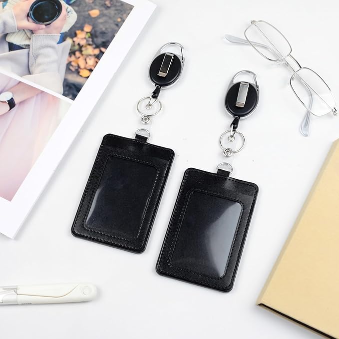 2-Pack PU Leather Vertical ID Badge Holders with Heavy Duty Retractable Reel Clips – Clear Window & 2 Card Slots (Black)