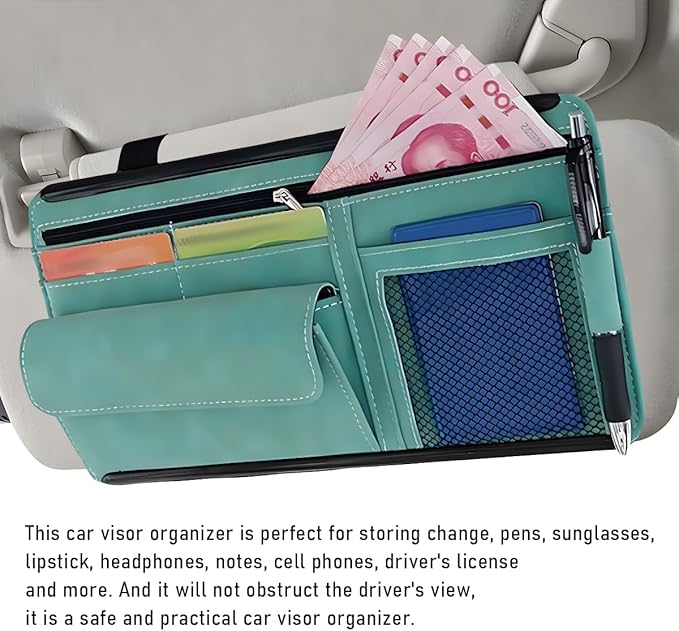 Yourkar Car Sun Visor Organizer, Soft Leather Surface Eyeglasses Note Card Holder Car Storage Bag, Scratch-Resistant Waterproof Auto Sunshade Organizer Bag, Car Accessories (Blue)