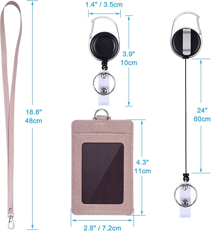 Wisdompro Retractable Badge Holder with Lanyard, Double Sided PU Leather ID Card Holder with Carabiner Badge Reel Clip and 18.8 inch Neck Lanyard - Rose Gold, Vertical