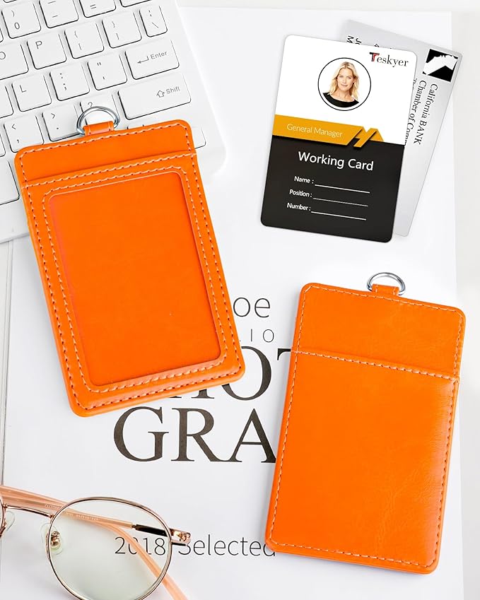 Teskyer Badge Holder with Lanyard, Leather ID Name Badge Card Holder with Lanyard for ID Badges, Vertical, Bright Orange