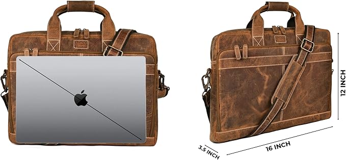 LEATHER VILLAGE 16" Leather Laptop Messenger Briefcase Bag for Men-Leather Satchel for Travel and Office Shoulder Bag- Sun Tan Brown