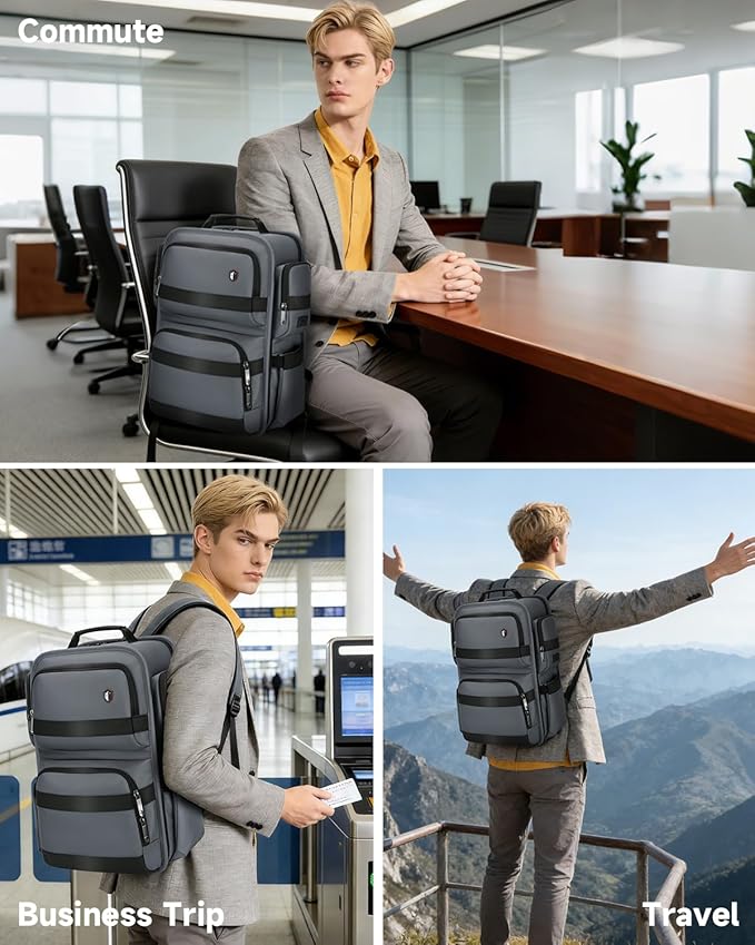Work Laptop Backpack for Men 17in, USB-C Port Carry On Backpack with Patented Adjustable Width Straps, TSA Dual Laptop Compartments Backpack Travel, Waterproof Business Backpack for Professional, Grey