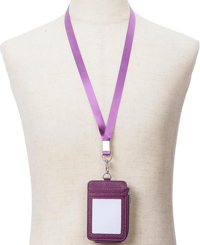 Badge Holder – Genuine Leather ID Badge Holder with Zipper Pocket and Nylon Lanyard – Perfect for Badges, Cards, and More