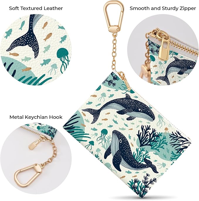 Whale Aesthetic Keychain Coin Purse for Women, Small PU Leather Change Pouch, Zipper Little Tiny Travel Wallet for Girls, Cute Kawaii Zip Pocket Coin Holder with Key Ring