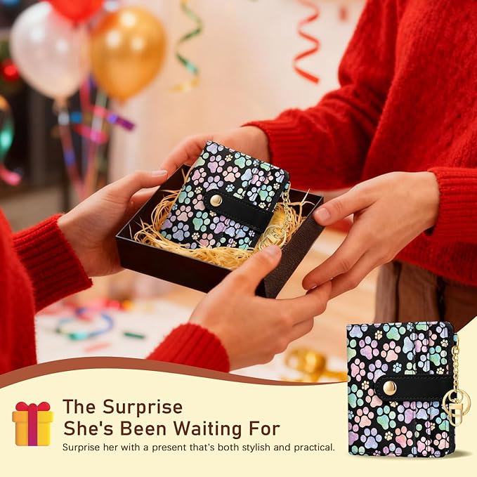 Jogjam Dog Paw Rfid Women Wallet, Small Slim Thin Credit Card Wallet, PU Leather Bifold Cash Zipper Coin Pocket ID Window for Female Ladies Teen Girls Girly
