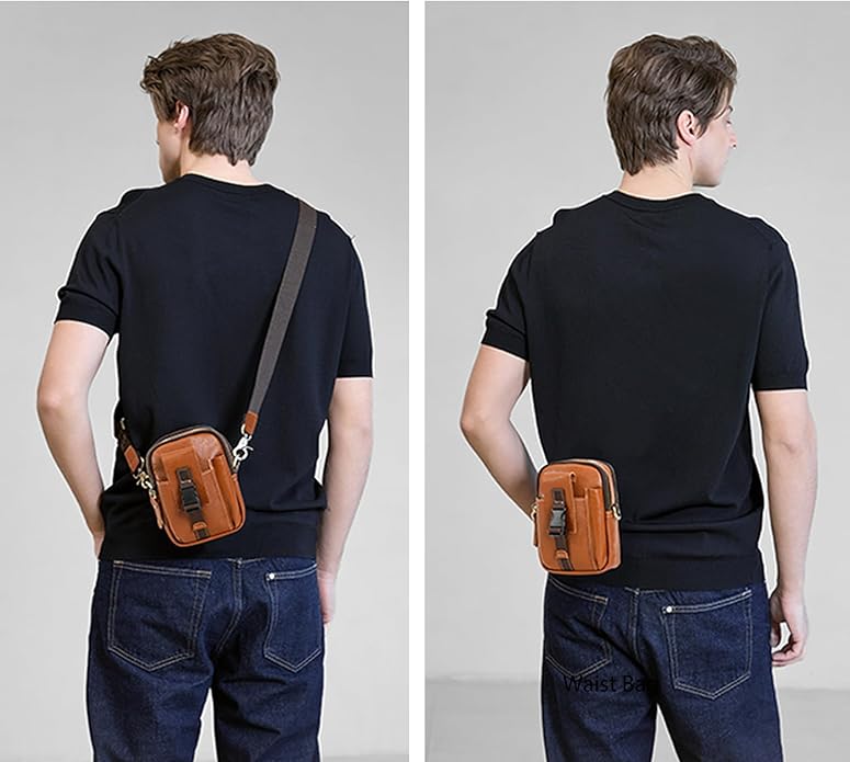 LANNSYNE Small Leather Messenger Bag, 3-in-1 Crossbody Shoulder Bag & Waist Belt Pouch, Sling Purse for Travel Business