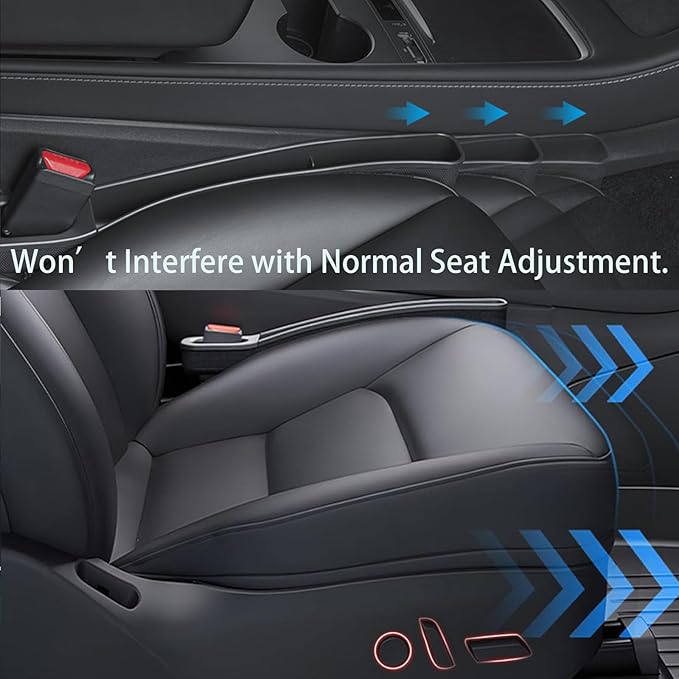 Car Seat Gap Filler Organizer for Tesla Model Y Juniper & Model 3 Highland, TPE Seat Gap Plug with Storage Slot, Seat Belt Slot, No-Drop, Black, 2-Pack