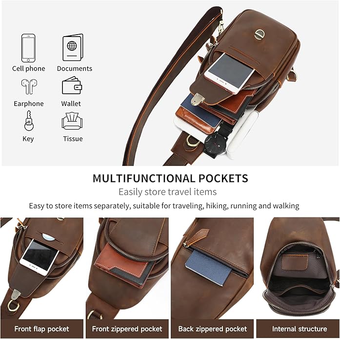 NIUCUNZH Genuine Leather Sling Bag Front Metal-Latch Crossbody Bags Handmade Vintage Chest Shoulder Backpack for Women Men