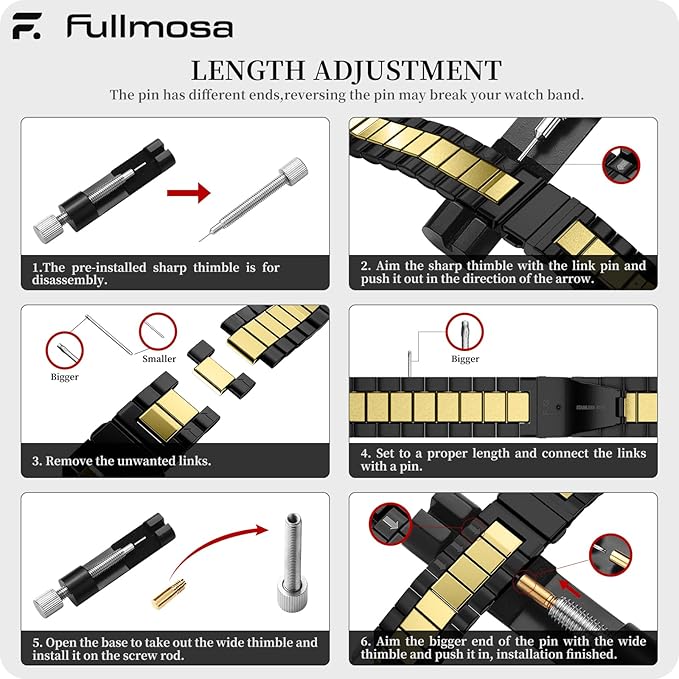 Fullmosa 22mm Stainless Steel Watch Band, Quick Release Metal Replacement Strap with Removable Links, Includes Spring Bars & Link Removal Tool for Men Women (Black+Golden)