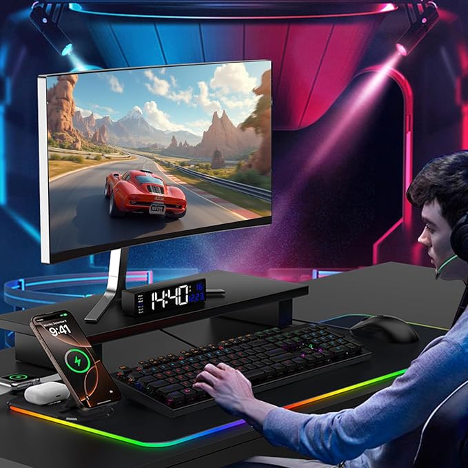 15W Wireless Charging Mouse Pad - Large RGB Gaming Desk Mat (31.4"x12"), Waterproof Leather Mousepad with Phone Holder, Includes PD Adapter & USB-C Cable - for Office & Home, Black