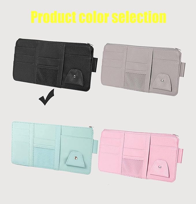 Car Sun Visor Organizer, Multifunctional Leather Sun Visor Organizer Sunglass Holder with Zipper for Car Interior Truck Accessories Men Women (Black)