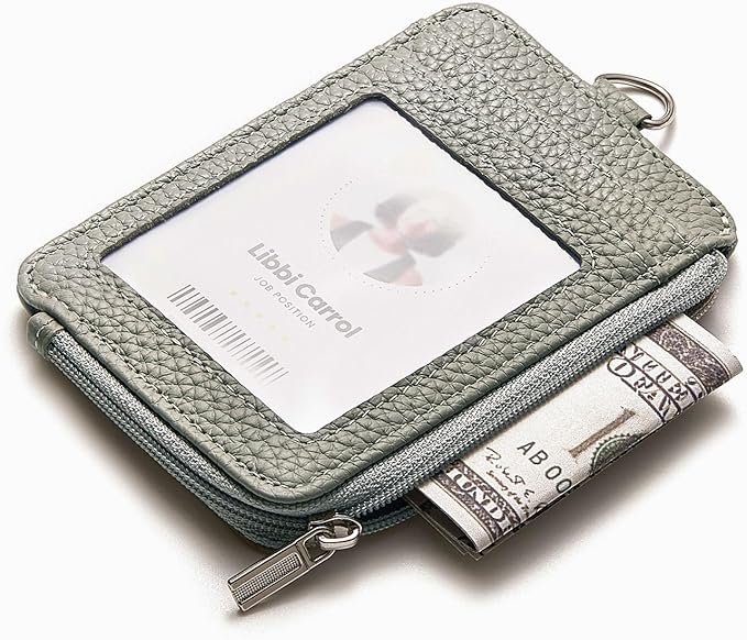 Badge Holder – Genuine Leather ID Badge Holder with Zipper Pocket and Nylon Lanyard – Perfect for Badges, Cards, and More