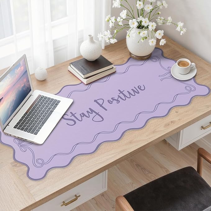 iCasso Purple Office Decor for Women, Scalloped Desk Cover Mat, Large Mouse Pad, Leather Waterproof Accessories Blotter, Non-Slip Mousepad for Organizer Office Dorm Supplies Teacher Girly