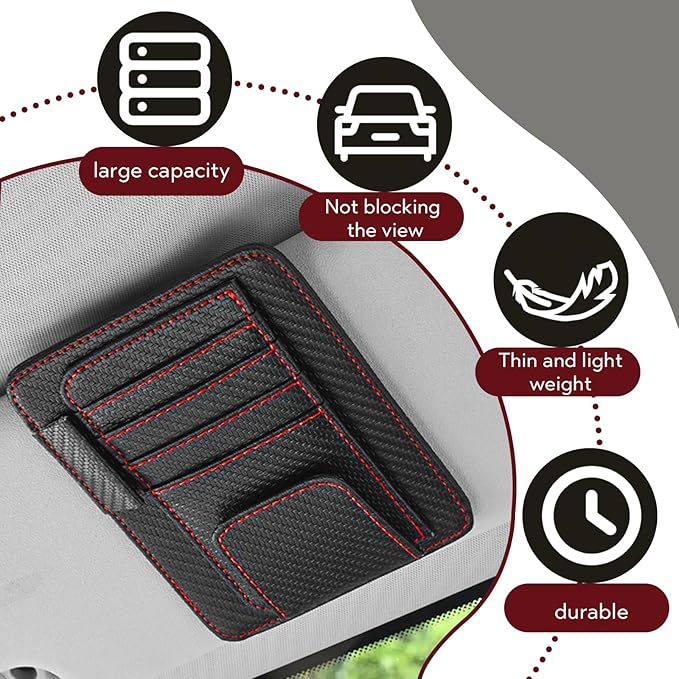 Car Sun Visor Organizer, Multifunctional Auto Visor Document Holder with Sunglasses Clip, Universal Car Interior Accessories Organizer for Drving License, Card, Pen (Carbon Fiber Black&Red)