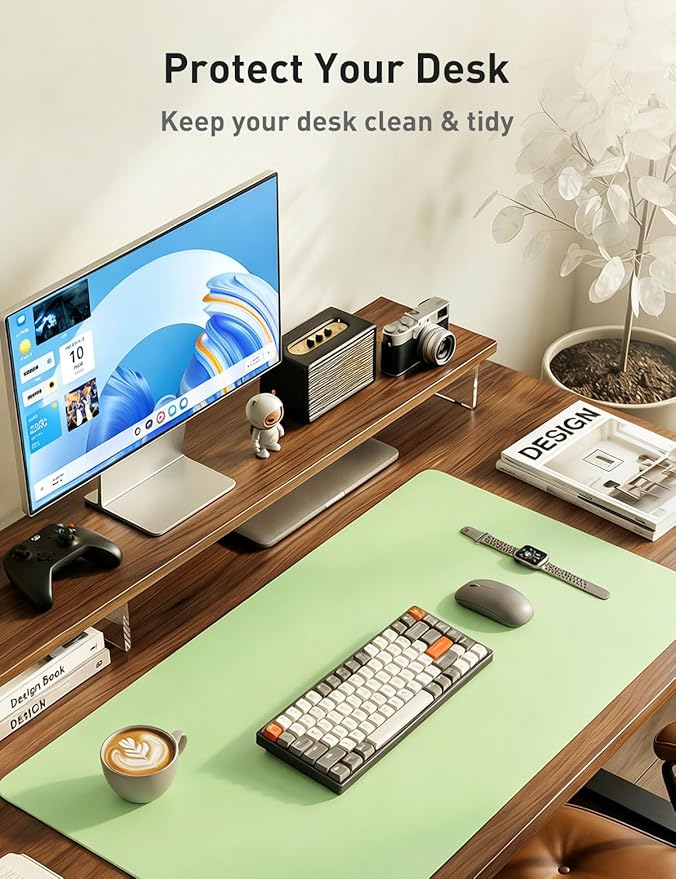 Aothia Faux Leather Desk Mat - Non-Slip PU Leather Desk Blotter, Waterproof Writing Surface, Large Desk Pad for Office & Home (Foam Green, 55" x 24")
