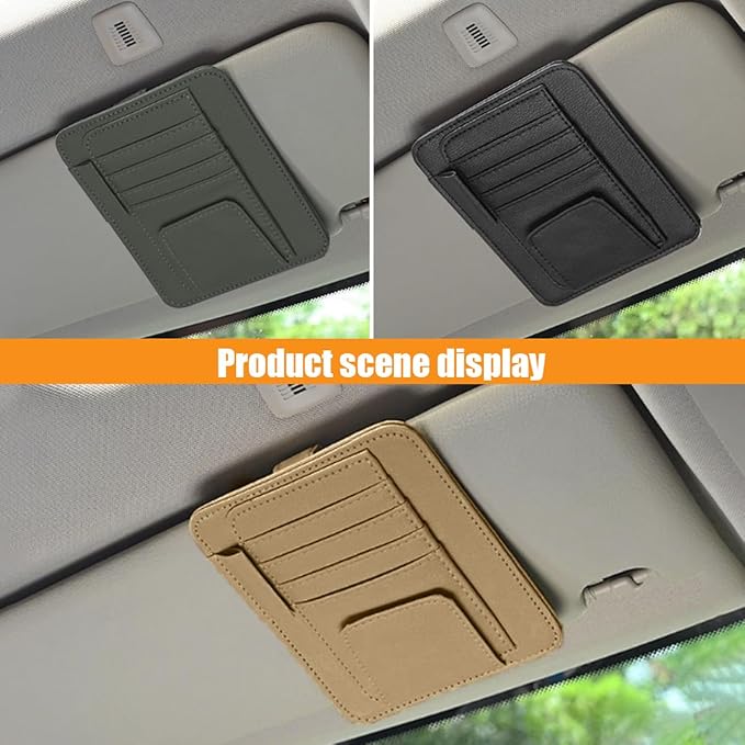 Leather Car Sun Visor Organizer Clip, Universal Car Truck Visor Document Holder with Sunglasses Clip, Auto Visor Pocket Storage for Bill Card Registration/Driving License Pen (Black)