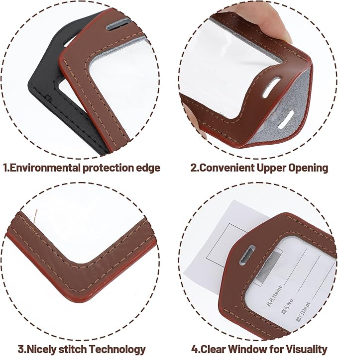 Leather ID Badge Holders, Mabor 2 Pcs Leather Badge Holder Vertical Double-Side Clear Card Holder Waterproof Name Badges Holders for Office Staff Students School ID Credit Cards(Black+Brown)