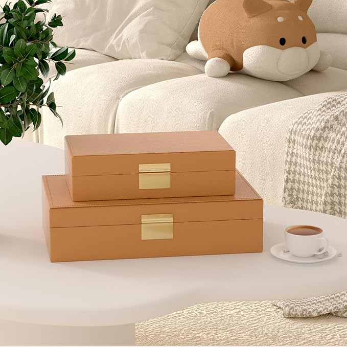 Decorative Storage Boxes Set of 2 - Multi-Purpose Beautiful PU Leather Organizer Bins for Your Home Decor - Decorative Containers with Lids Store Photos, Documents, Memory Box Keepsakes (Brown)