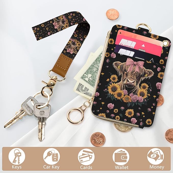 bolimoss Highland Cow RFID Badge Holder with Lanyard Wallet, Leather Sunflower Breakaway Lanyards for ID Holder with Wrist Strap, Small Id Case Wallet with Zipper Pocket for Nurse Teacher Student Work