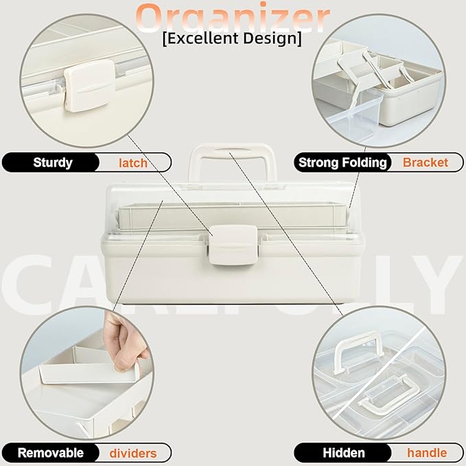 TERGOO 14in 3-Layer Multipurpose Craft Organizers and Storage with Adjustable Dividers, Portable Tackle Box, Folding Art & Craft Case for Medicine, Tool, Sewing Organizer (White, X-Large)