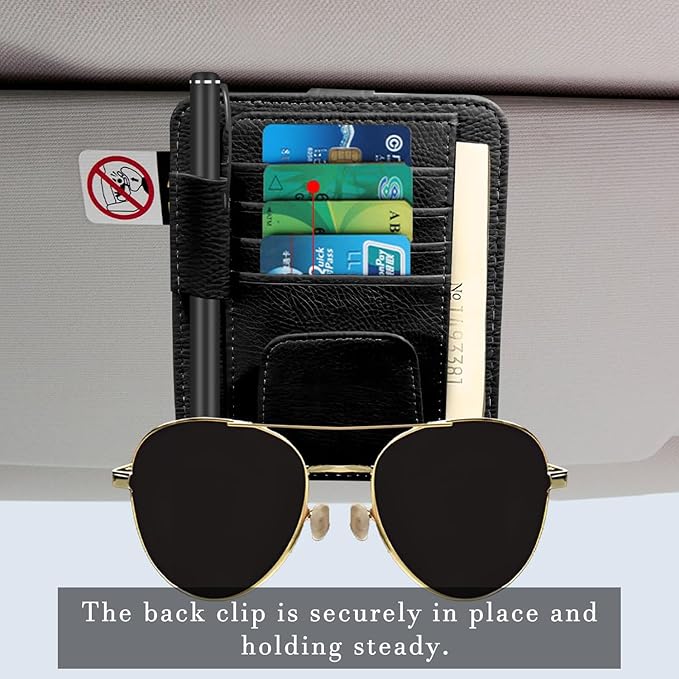 2 Pcs Car Sun Visor Organizer Premium Leather Sunglasses Holder Multi Functional Car Interior Accessories Storage Bag Visor Pouch for Cars Trucks Card Document Holder (Black)